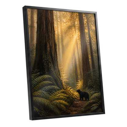 Sunbeams Among Giants, brown, gold, green nature wall art shown as a black framed poster wall art print