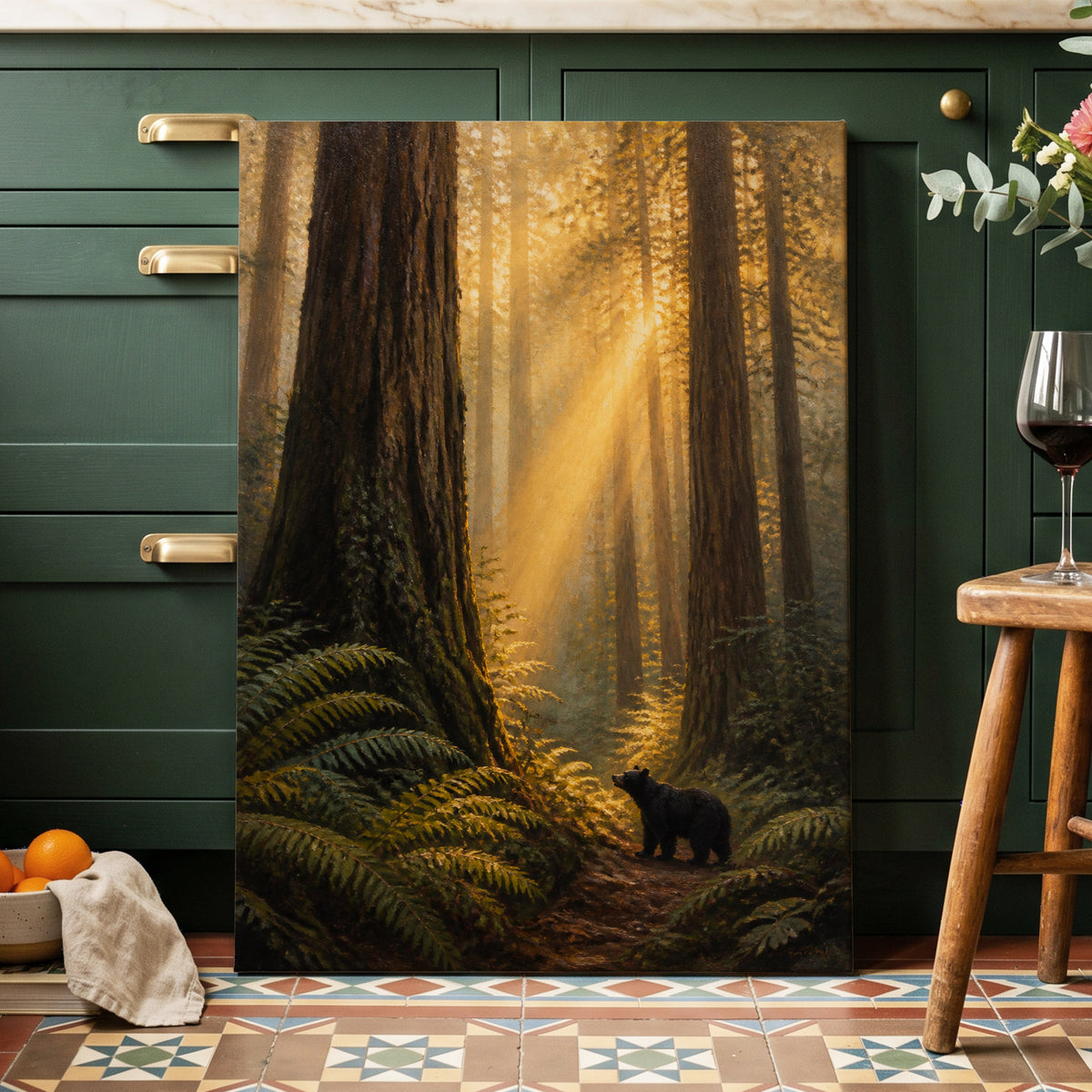 Sunbeams Among Giants, brown, gold, green nature wall art on canvas displayed in a styled interior, gallery view 1