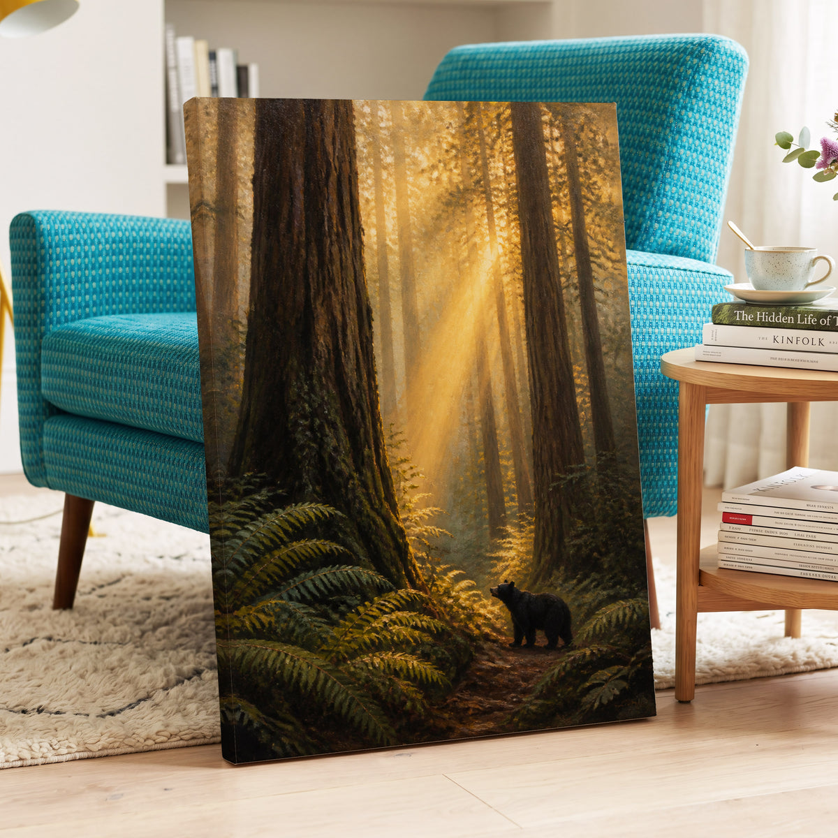 Sunbeams Among Giants, brown, gold, green nature wall art on canvas displayed in a styled interior, gallery view 2