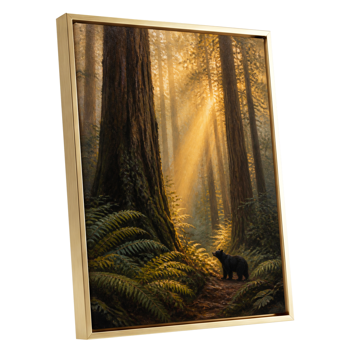 Sunbeams Among Giants, brown, gold, green nature wall art shown as a gold framed canvas wall art