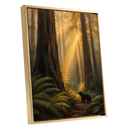 Sunbeams Among Giants, brown, gold, green nature wall art shown as a gold framed canvas wall art