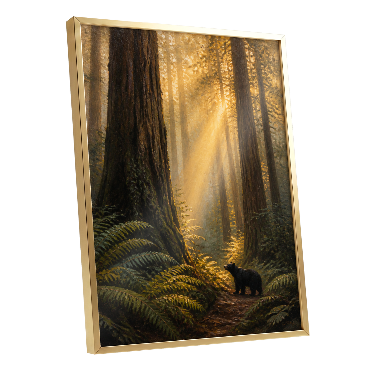 Sunbeams Among Giants, brown, gold, green nature wall art shown as a gold framed poster wall art print
