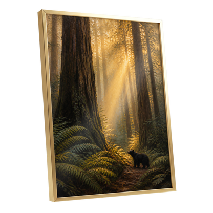 Sunbeams Among Giants, brown, gold, green nature wall art shown as a gold framed poster wall art print