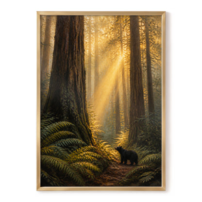 Sunbeams Among Giants, brown, gold, green nature wall art, front artwork view
