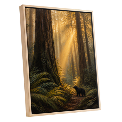 Sunbeams Among Giants, brown, gold, green nature wall art shown as a oak framed canvas wall art