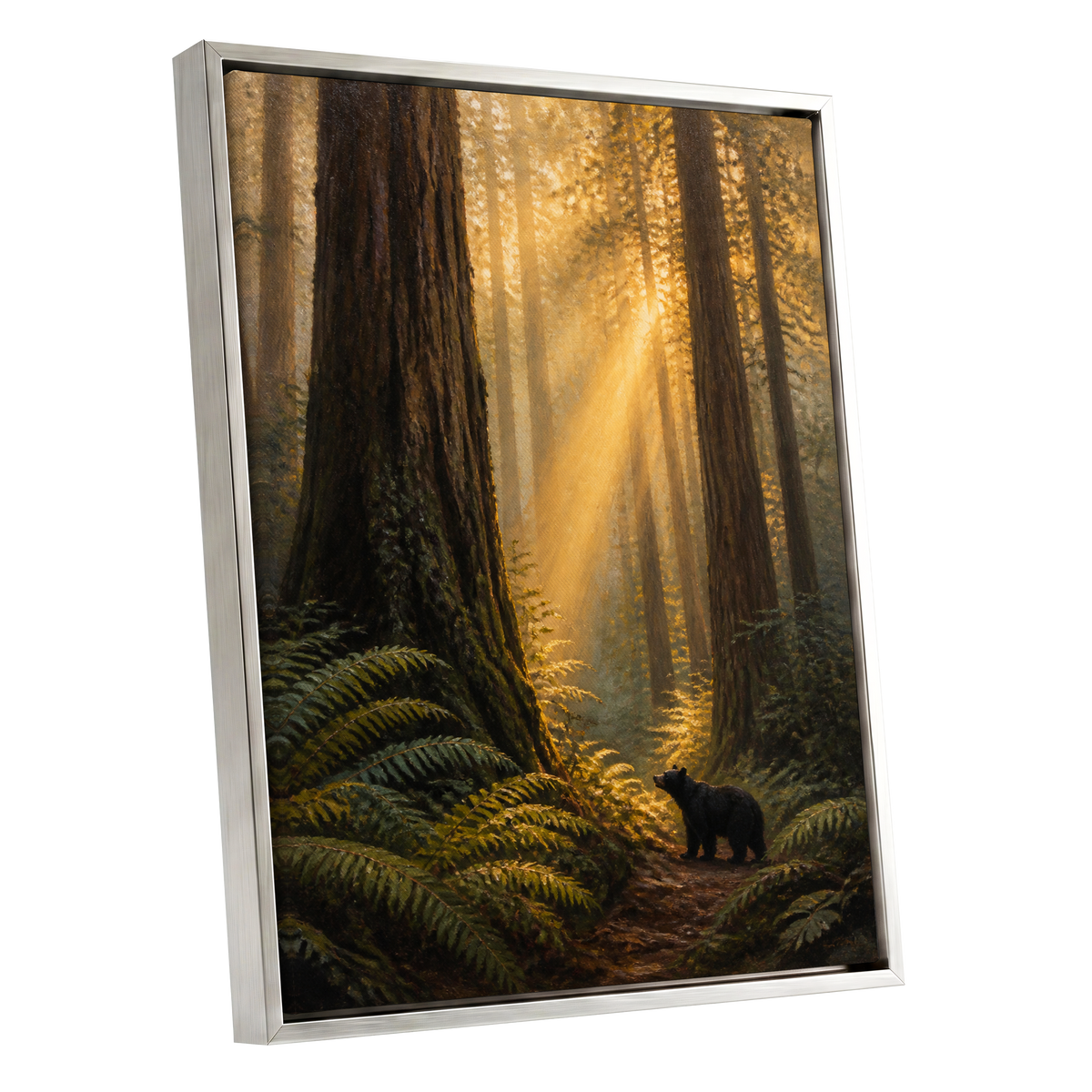 Sunbeams Among Giants, brown, gold, green nature wall art shown as a silver framed canvas wall art