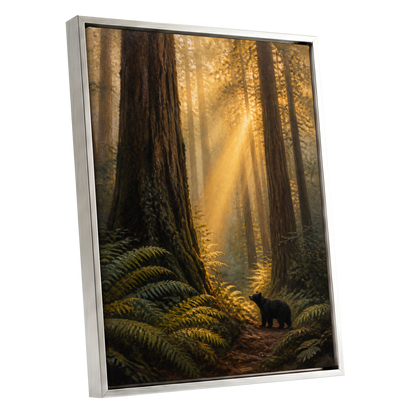 Sunbeams Among Giants, brown, gold, green nature wall art shown as a silver framed canvas wall art