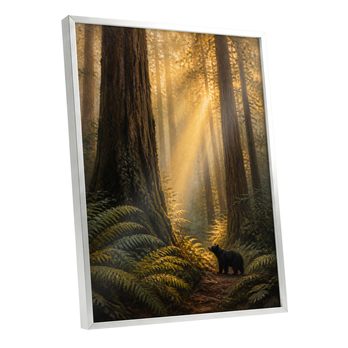 Sunbeams Among Giants, brown, gold, green nature wall art shown as a silver framed poster wall art print