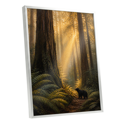 Sunbeams Among Giants, brown, gold, green nature wall art shown as a silver framed poster wall art print