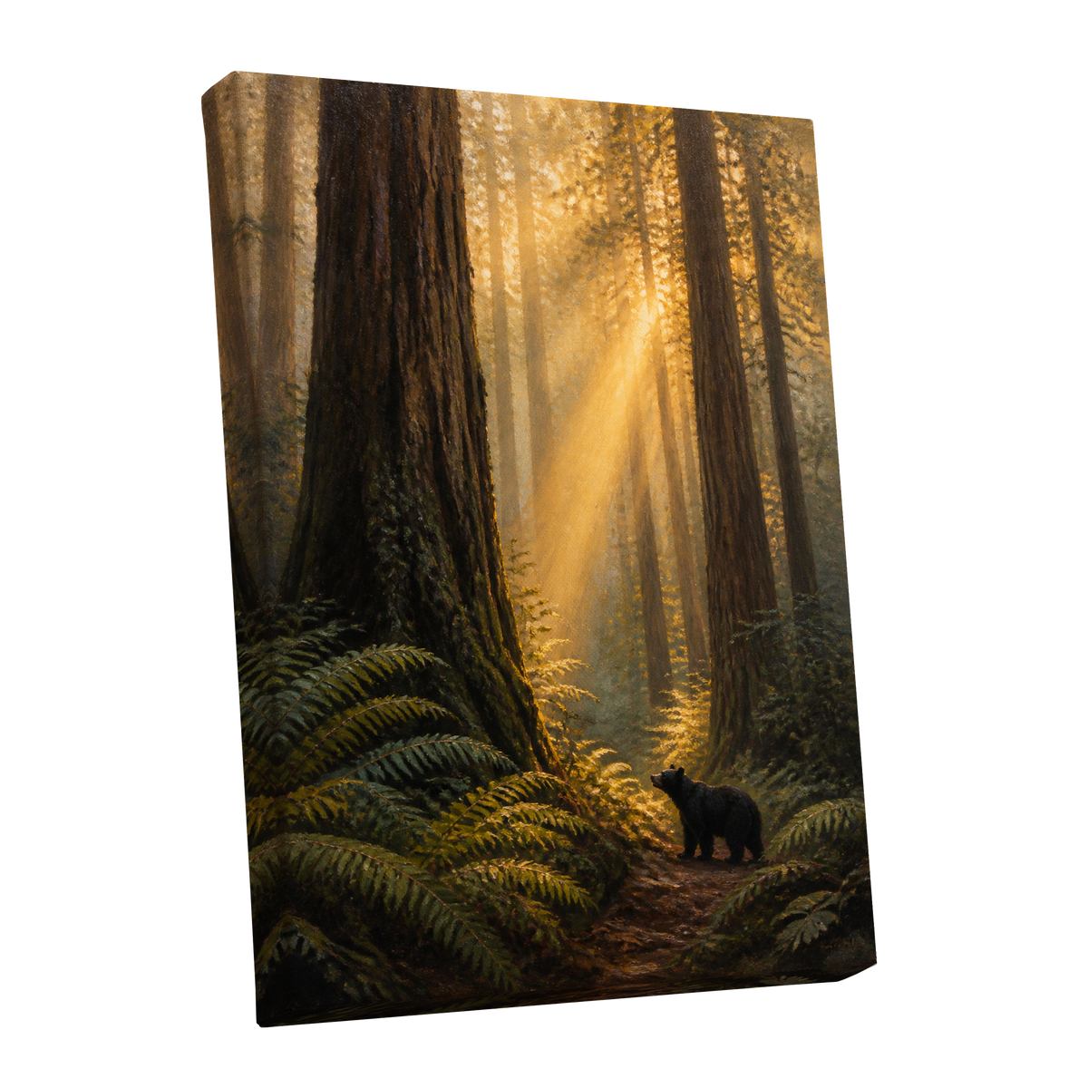Sunbeams Among Giants, brown, gold, green nature wall art shown as a stretched canvas wall art