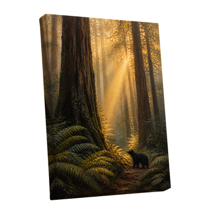 Sunbeams Among Giants, brown, gold, green nature wall art shown as a stretched canvas wall art