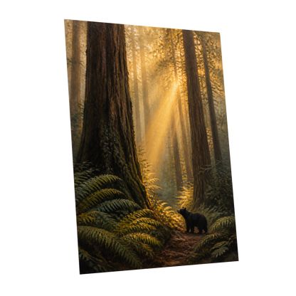 Sunbeams Among Giants, brown, gold, green nature wall art shown as a unframed poster wall art print