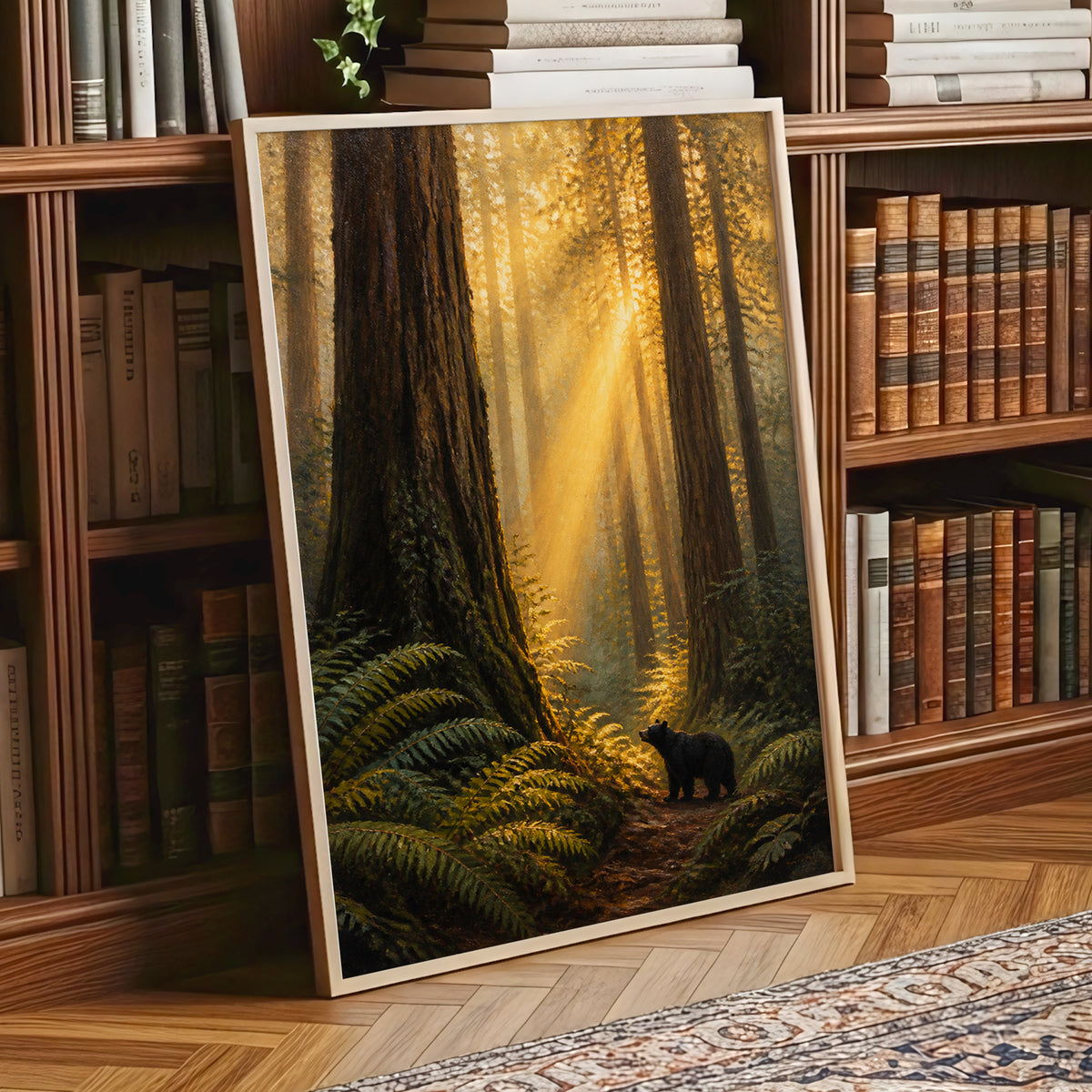 Sunbeams Among Giants, brown, gold, green nature wall art displayed in a styled interior, gallery view 1