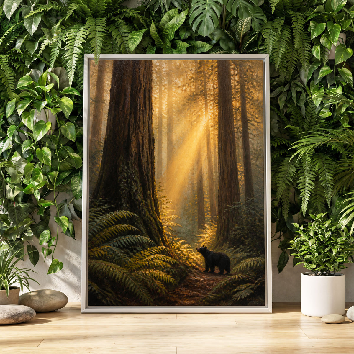 Sunbeams Among Giants, brown, gold, green nature wall art displayed in a styled interior, gallery view 2