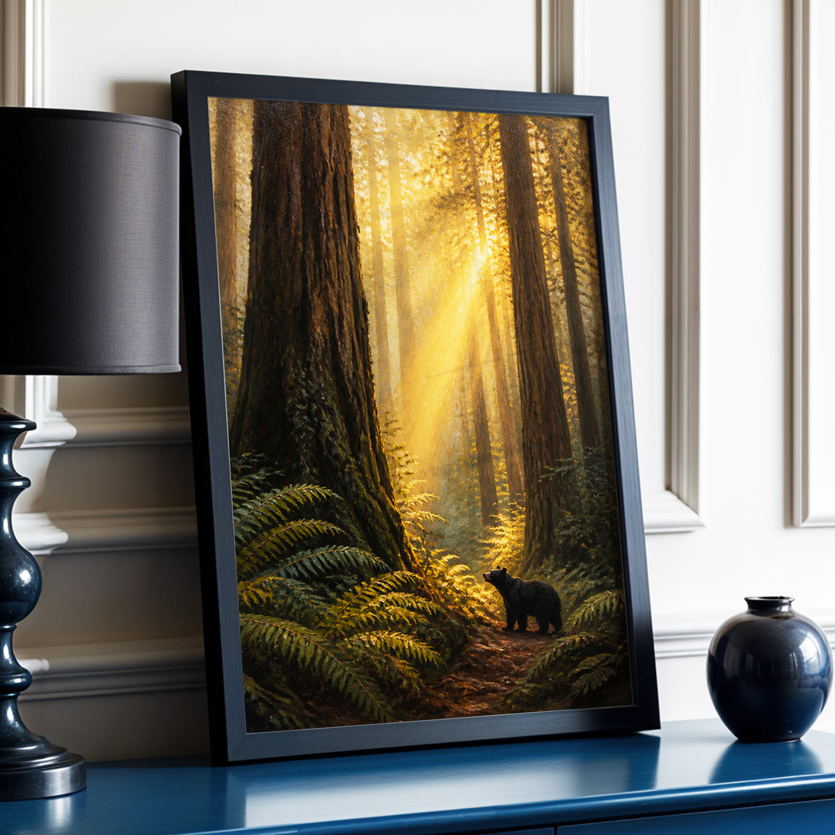 Sunbeams Among Giants, brown, gold, green nature wall art displayed in a styled interior, gallery view 3