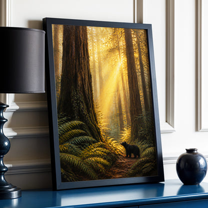 Sunbeams Among Giants, brown, gold, green nature wall art displayed in a styled interior, gallery view 3