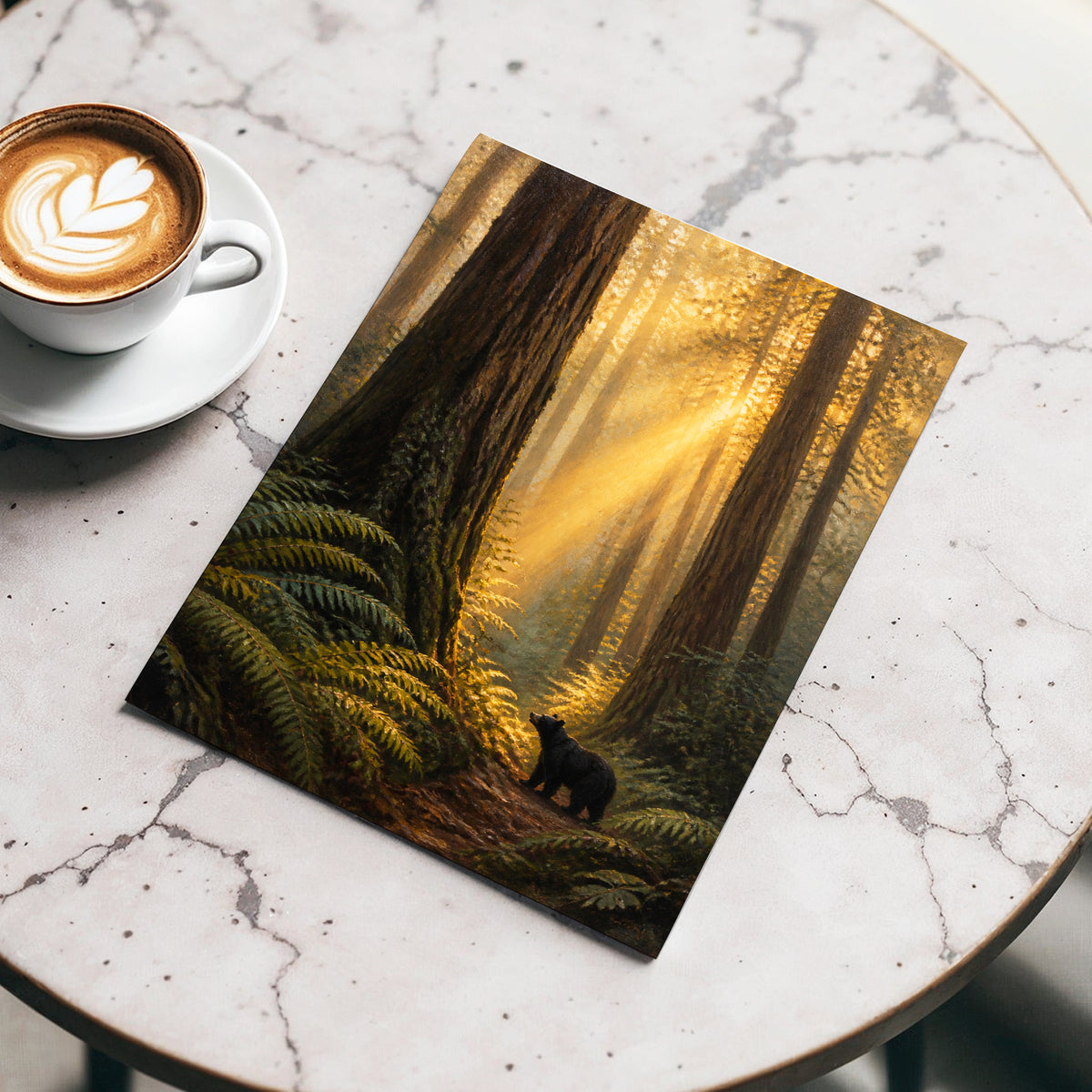 Sunbeams Among Giants, brown, gold, green nature wall art displayed in a styled interior, gallery view 4