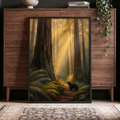 Sunbeams Among Giants, brown, gold, green nature wall art displayed in a styled interior, gallery view 5