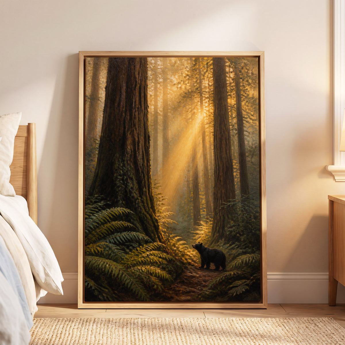 Sunbeams Among Giants, brown, gold, green nature wall art displayed in a styled interior, gallery view 6