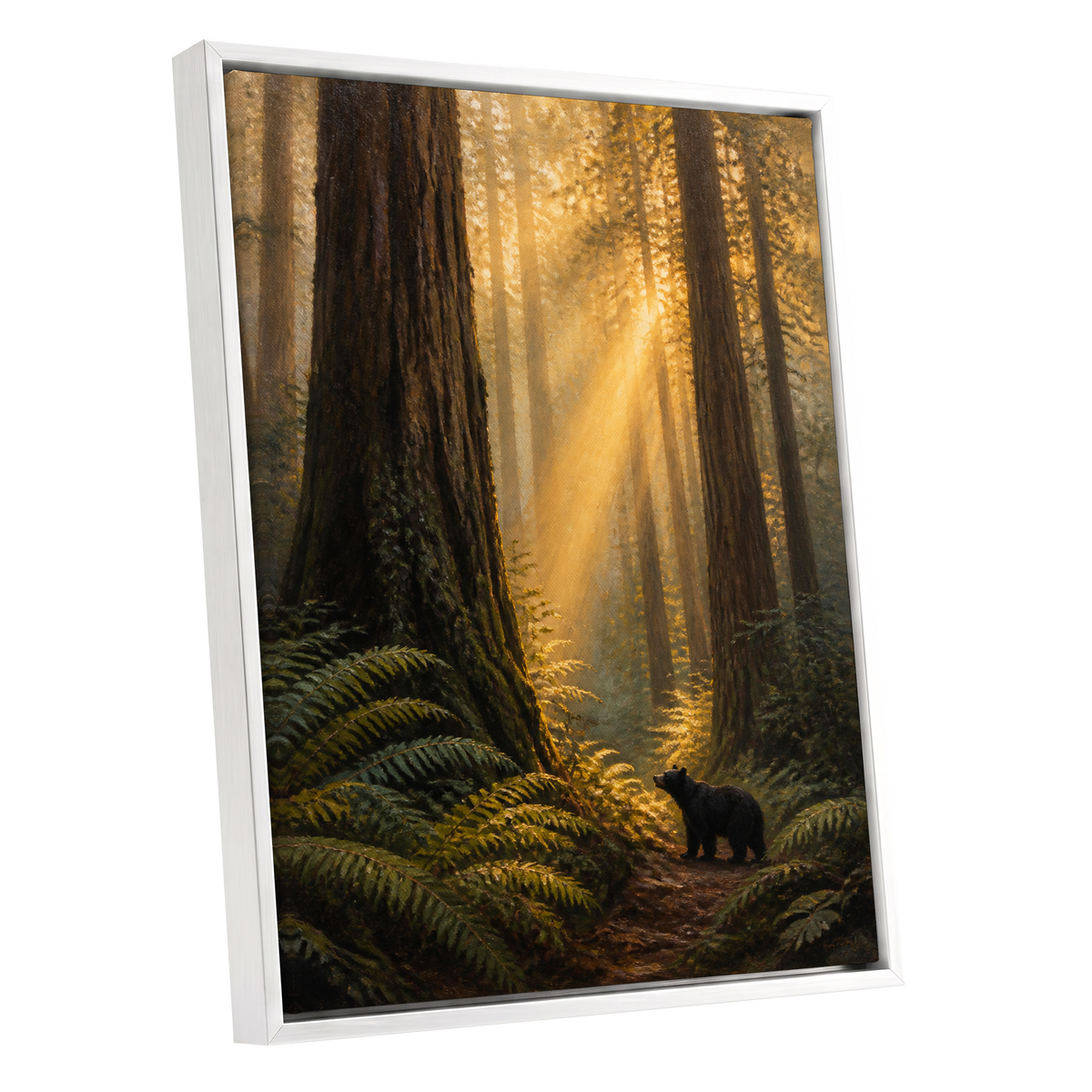 Sunbeams Among Giants, brown, gold, green nature wall art shown as a white framed canvas wall art