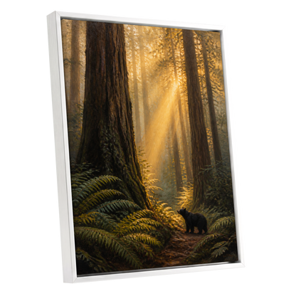 Sunbeams Among Giants, brown, gold, green nature wall art shown as a white framed canvas wall art