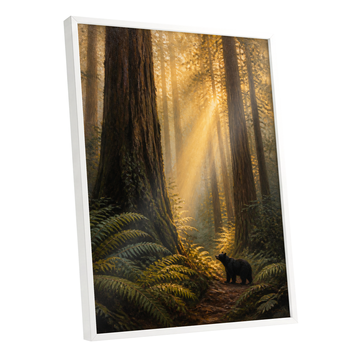 Sunbeams Among Giants, brown, gold, green nature wall art shown as a white framed poster wall art print