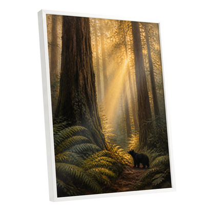 Sunbeams Among Giants, brown, gold, green nature wall art shown as a white framed poster wall art print