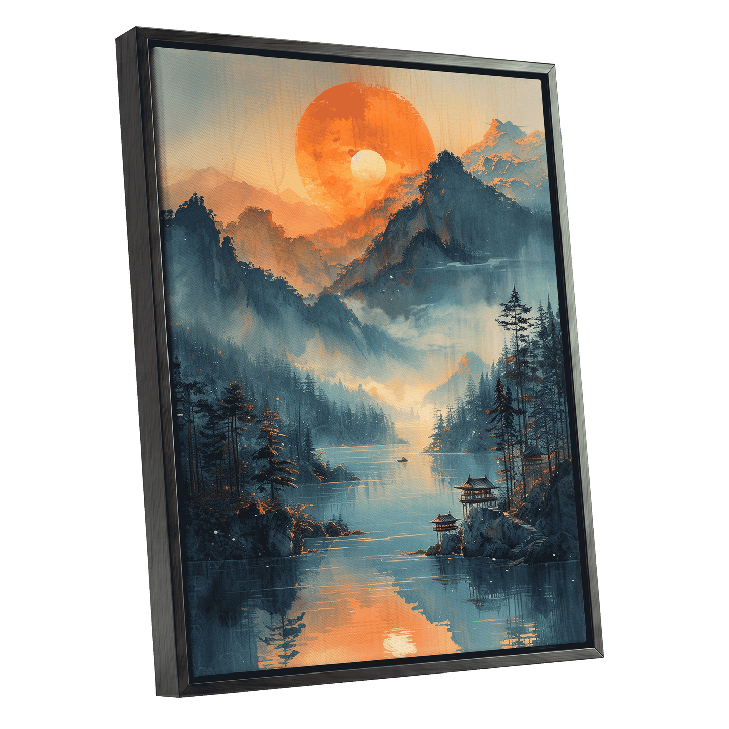 Sunfire Mountain Lake, blue, orange, beige nature wall art shown as a black framed canvas wall art