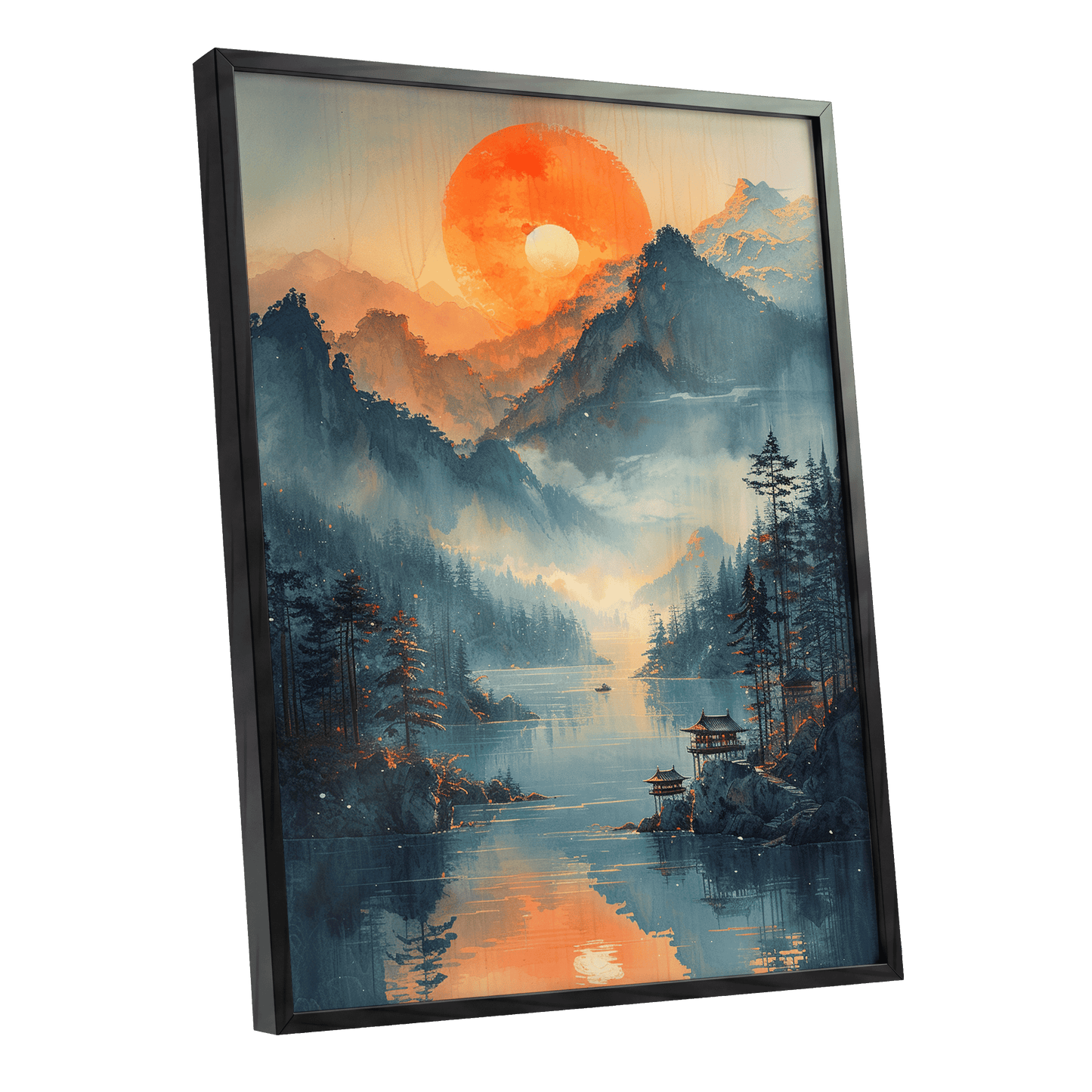 Sunfire Mountain Lake, blue, orange, beige nature wall art shown as a black framed poster wall art print