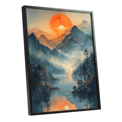 Sunfire Mountain Lake, blue, orange, beige nature wall art shown as a black framed poster wall art print