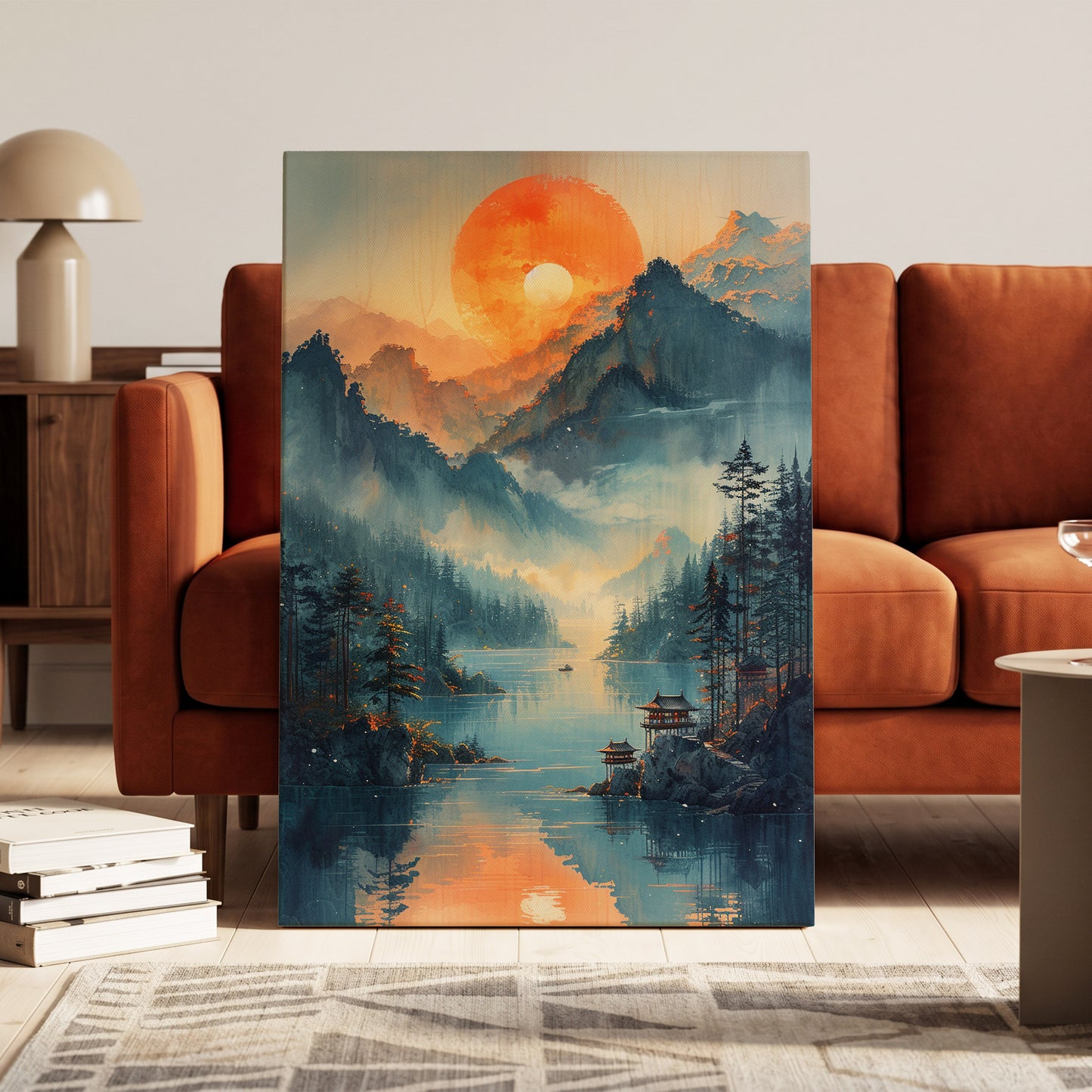 Sunfire Mountain Lake, blue, orange, beige nature wall art on canvas displayed in a styled interior, gallery view 1