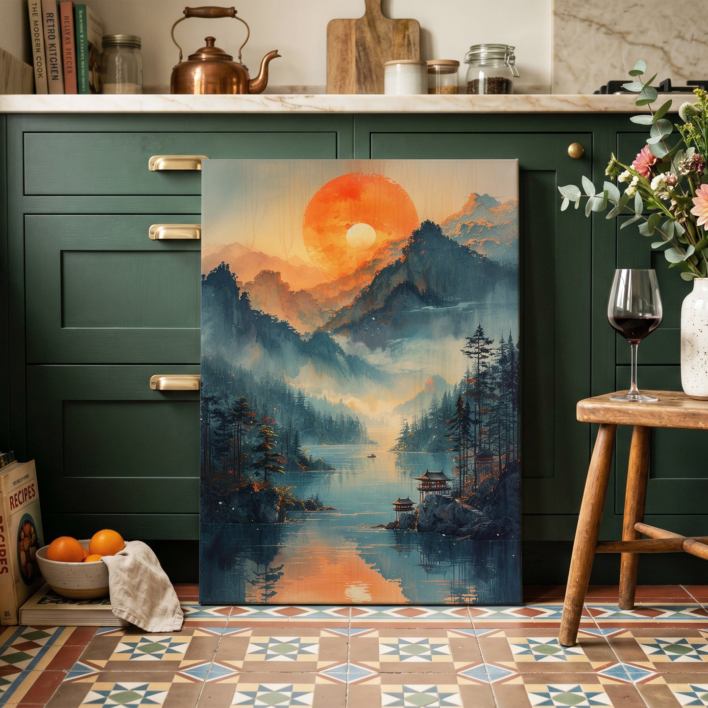 Sunfire Mountain Lake, blue, orange, beige nature wall art on canvas displayed in a styled interior, gallery view 2