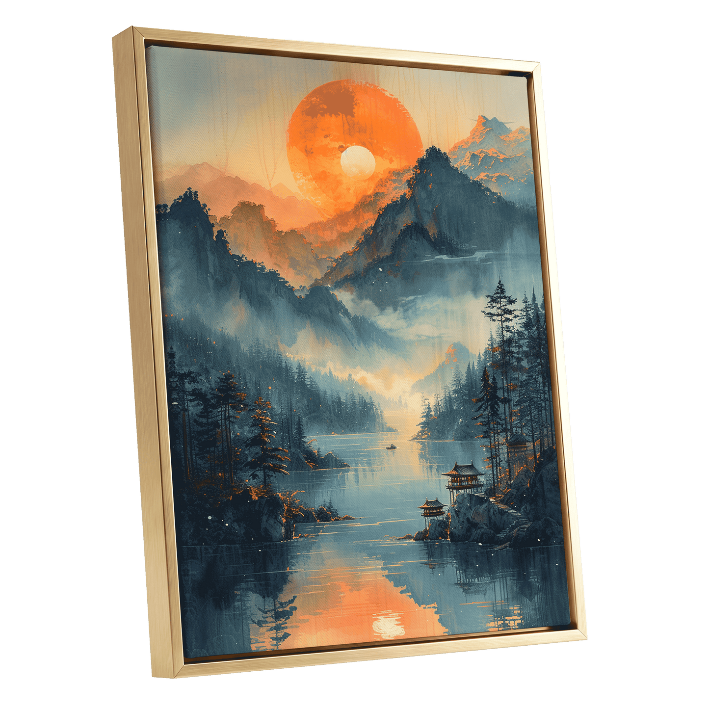 Sunfire Mountain Lake, blue, orange, beige nature wall art shown as a gold framed canvas wall art