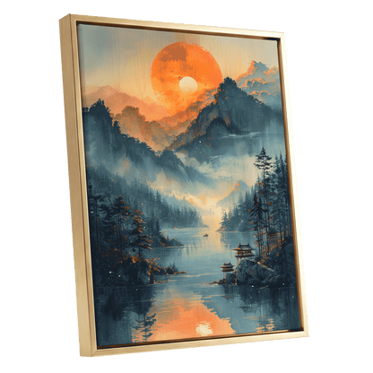 Sunfire Mountain Lake, blue, orange, beige nature wall art shown as a gold framed canvas wall art