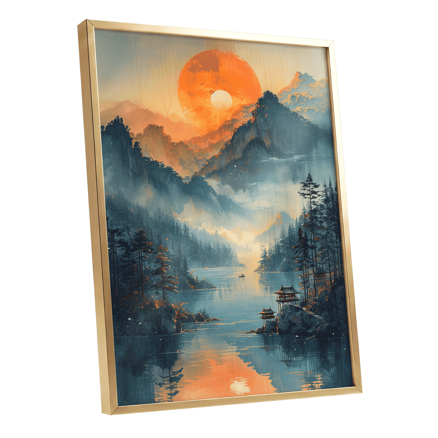 Sunfire Mountain Lake, blue, orange, beige nature wall art shown as a gold framed poster wall art print
