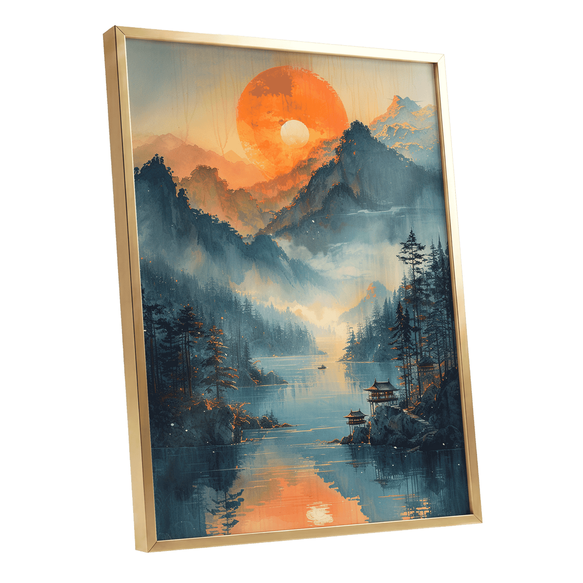 Sunfire Mountain Lake, blue, orange, beige nature wall art shown as a gold framed poster wall art print