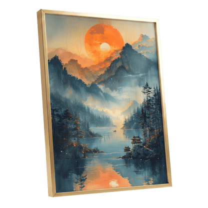 Sunfire Mountain Lake, blue, orange, beige nature wall art shown as a gold framed poster wall art print
