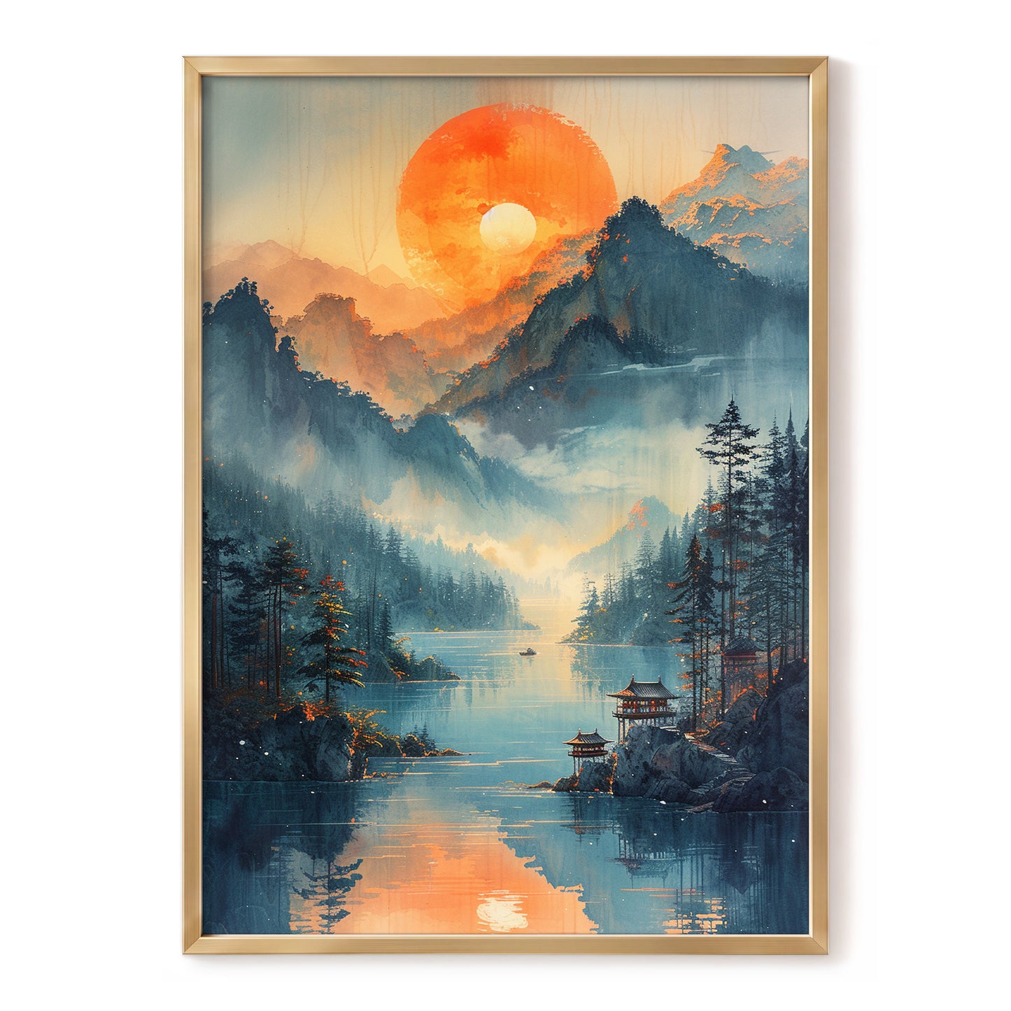 Sunfire Mountain Lake, blue, orange, beige nature wall art, front artwork view