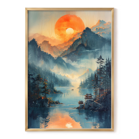 Sunfire Mountain Lake, blue, orange, beige nature wall art, front artwork view