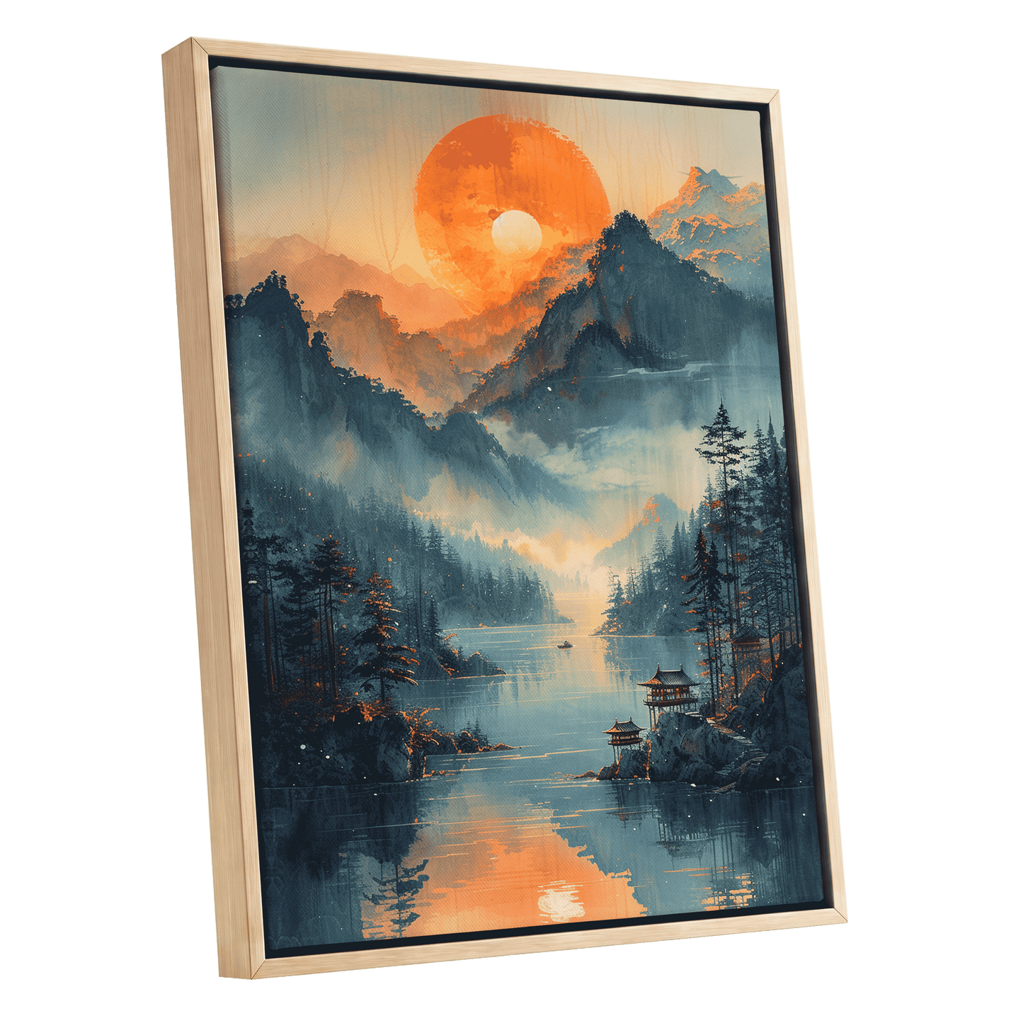 Sunfire Mountain Lake, blue, orange, beige nature wall art shown as a oak framed canvas wall art