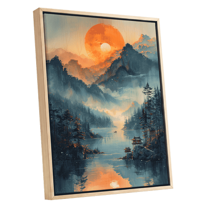 Sunfire Mountain Lake, blue, orange, beige nature wall art shown as a oak framed canvas wall art