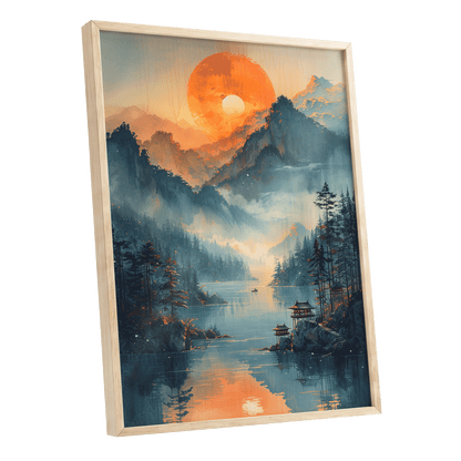 Sunfire Mountain Lake, blue, orange, beige nature wall art shown as a oak framed poster wall art print