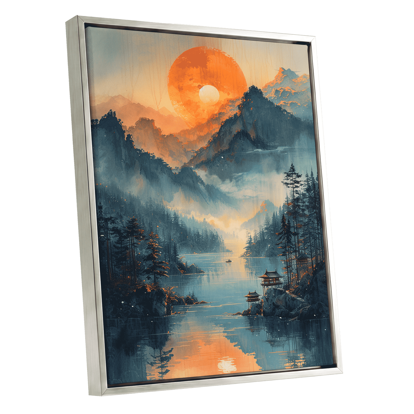 Sunfire Mountain Lake, blue, orange, beige nature wall art shown as a silver framed canvas wall art