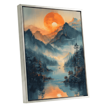 Sunfire Mountain Lake, blue, orange, beige nature wall art shown as a silver framed canvas wall art