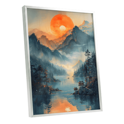 Sunfire Mountain Lake, blue, orange, beige nature wall art shown as a silver framed poster wall art print