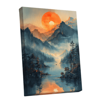 Sunfire Mountain Lake, blue, orange, beige nature wall art shown as a stretched canvas wall art