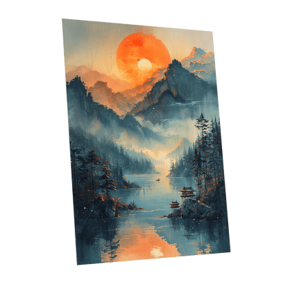 Sunfire Mountain Lake, blue, orange, beige nature wall art shown as a unframed poster wall art print