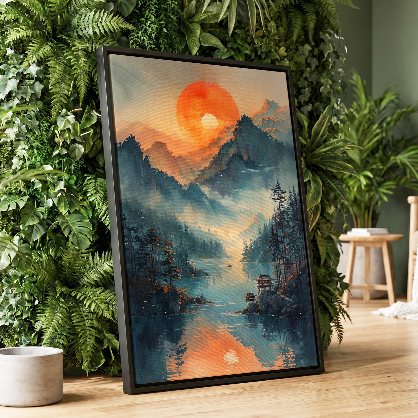 Sunfire Mountain Lake, blue, orange, beige nature wall art displayed in a styled interior, gallery view 1