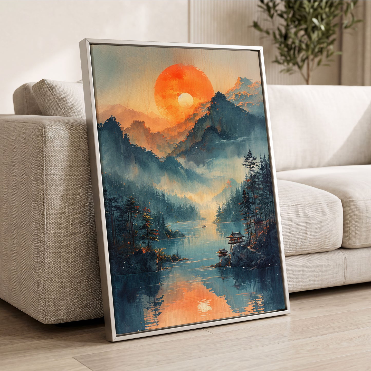 Sunfire Mountain Lake, blue, orange, beige nature wall art displayed in a styled interior, gallery view 2