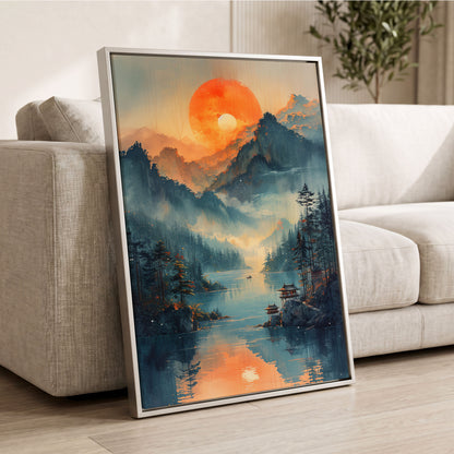 Sunfire Mountain Lake, blue, orange, beige nature wall art displayed in a styled interior, gallery view 2